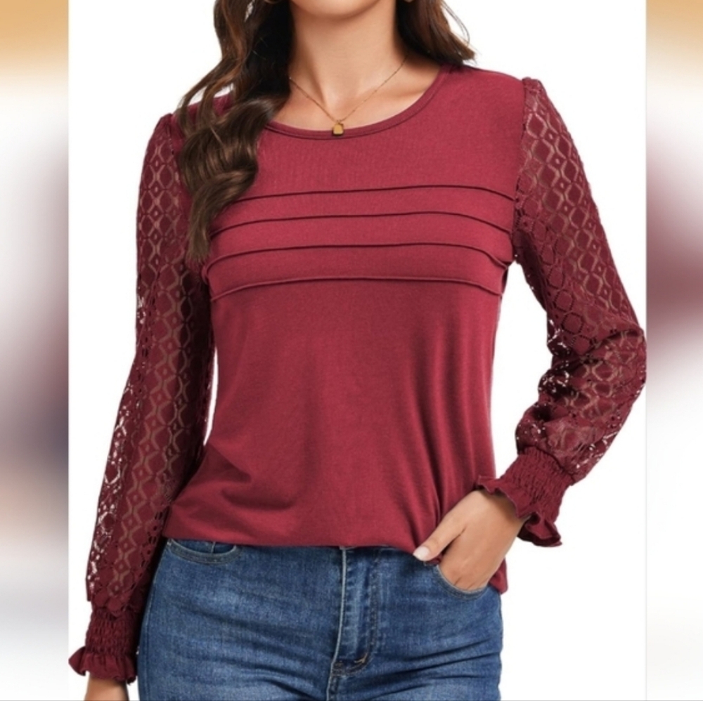 Elegant Burgundy Lace Sleeve Top Size Large - Picture 6 of 7